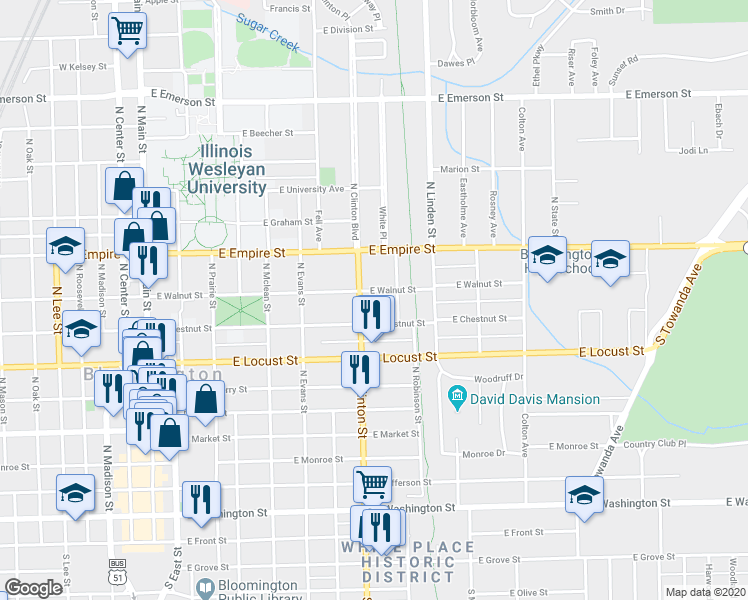 map of restaurants, bars, coffee shops, grocery stores, and more near 703 East Walnut Street in Bloomington