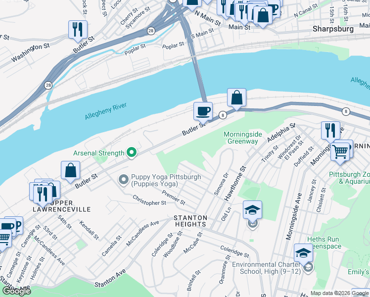 map of restaurants, bars, coffee shops, grocery stores, and more near 6068 Butler Street in Pittsburgh