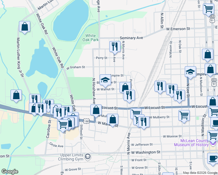 map of restaurants, bars, coffee shops, grocery stores, and more near 1402 West Walnut Street in Bloomington