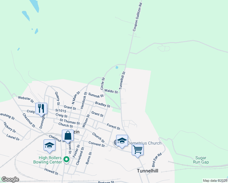 map of restaurants, bars, coffee shops, grocery stores, and more near 613 Waldo St in Gallitzin