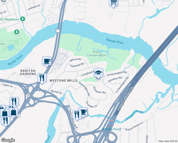 map of restaurants, bars, coffee shops, grocery stores, and more near 22 Longfield Road in New Brunswick