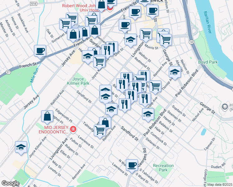 map of restaurants, bars, coffee shops, grocery stores, and more near 214 Hale Street in New Brunswick