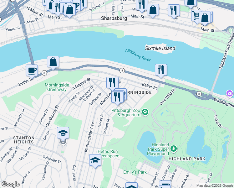 map of restaurants, bars, coffee shops, grocery stores, and more near 1821 Jancey Street in Pittsburgh