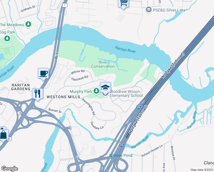 map of restaurants, bars, coffee shops, grocery stores, and more near 125 Tunison Road in New Brunswick