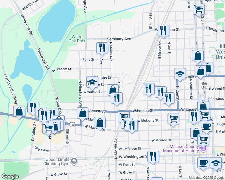 map of restaurants, bars, coffee shops, grocery stores, and more near 902 North Morris Avenue in Bloomington