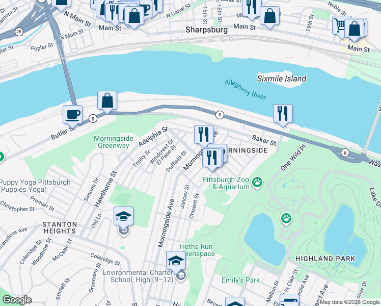 map of restaurants, bars, coffee shops, grocery stores, and more near in Pittsburgh