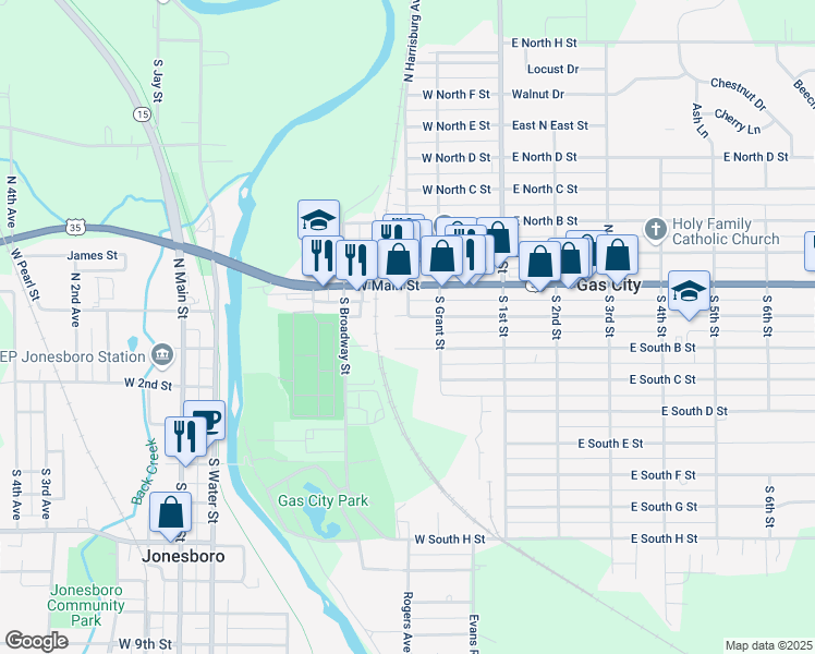 map of restaurants, bars, coffee shops, grocery stores, and more near 221 West S A Street in Gas City