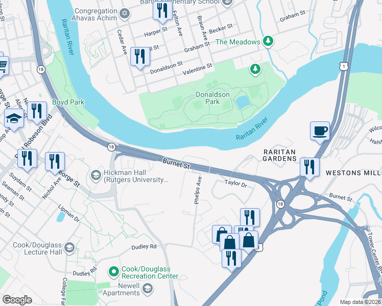 map of restaurants, bars, coffee shops, grocery stores, and more near 9 Carpender Road in New Brunswick