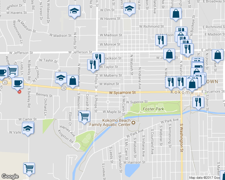 map of restaurants, bars, coffee shops, grocery stores, and more near 1110 W Sycamore St in Kokomo