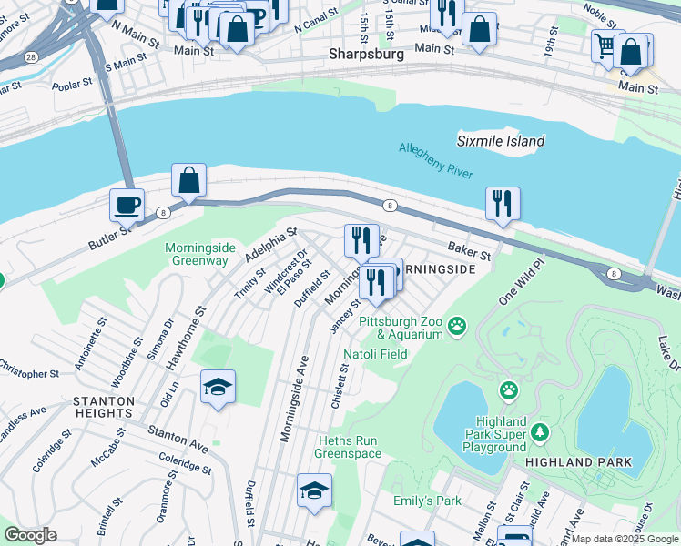 map of restaurants, bars, coffee shops, grocery stores, and more near 6720 Greenwood Street in Allegheny