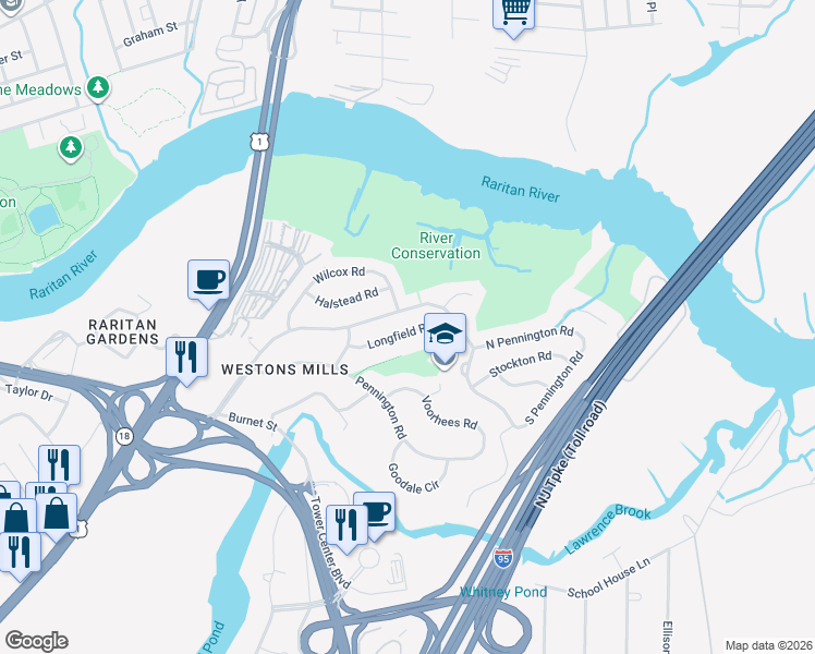 map of restaurants, bars, coffee shops, grocery stores, and more near 22 Longfield Road in New Brunswick