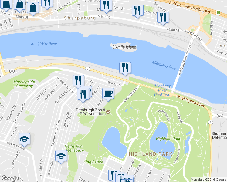 map of restaurants, bars, coffee shops, grocery stores, and more near 1952 Antietam Street in Pittsburgh