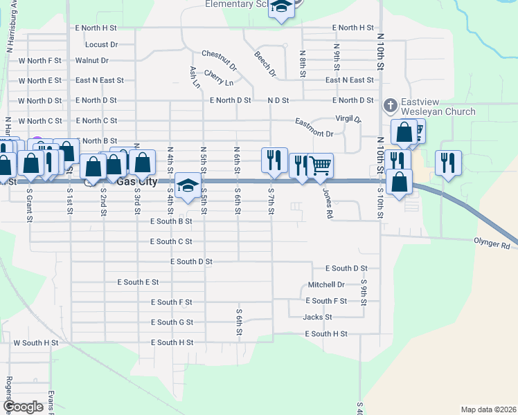map of restaurants, bars, coffee shops, grocery stores, and more near 614 East South A Street in Gas City