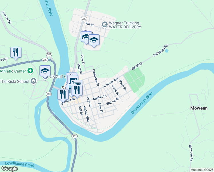 map of restaurants, bars, coffee shops, grocery stores, and more near 608 Indiana Avenue in Saltsburg