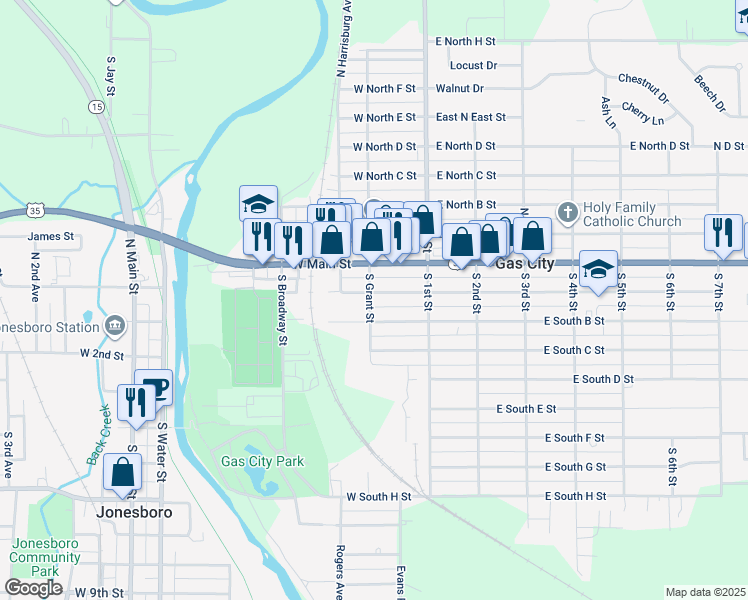 map of restaurants, bars, coffee shops, grocery stores, and more near 129 West South A Street in Gas City