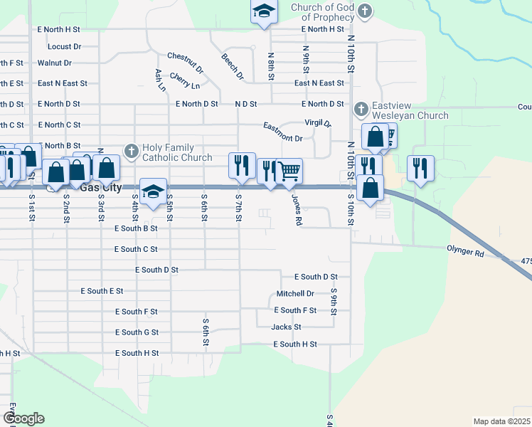 map of restaurants, bars, coffee shops, grocery stores, and more near 727 East South B Street in Gas City