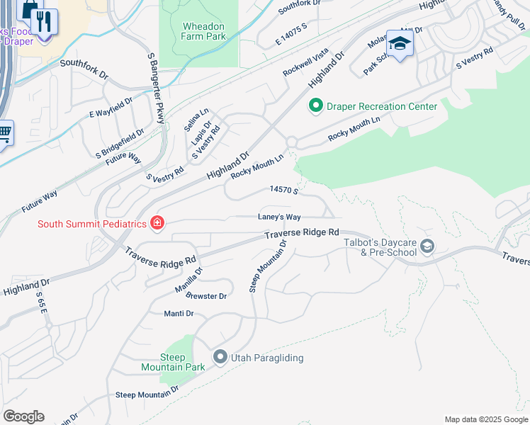 map of restaurants, bars, coffee shops, grocery stores, and more near 554 Laney's Way in Draper