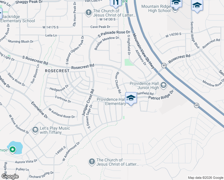 map of restaurants, bars, coffee shops, grocery stores, and more near 14552 River Chase Road in Herriman