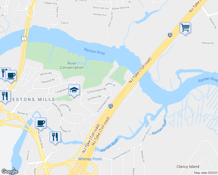 map of restaurants, bars, coffee shops, grocery stores, and more near 29 North Pennington Road in New Brunswick