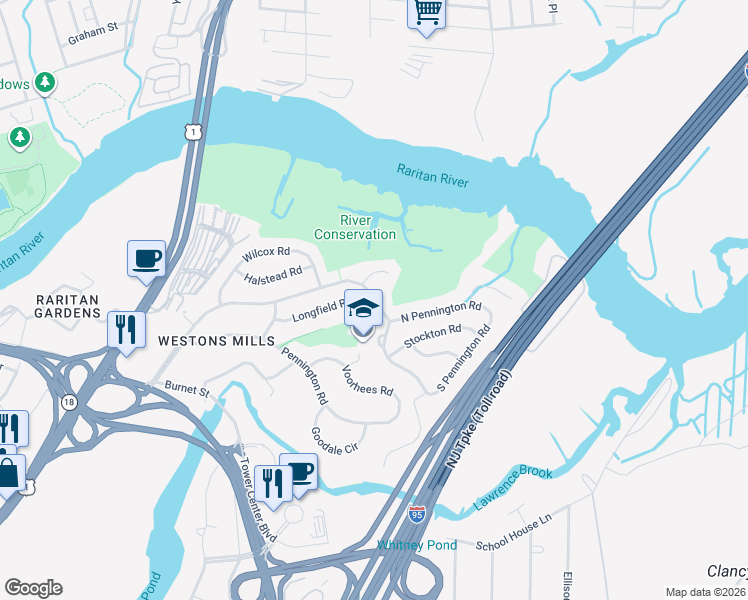 map of restaurants, bars, coffee shops, grocery stores, and more near 125 Tunison Road in New Brunswick