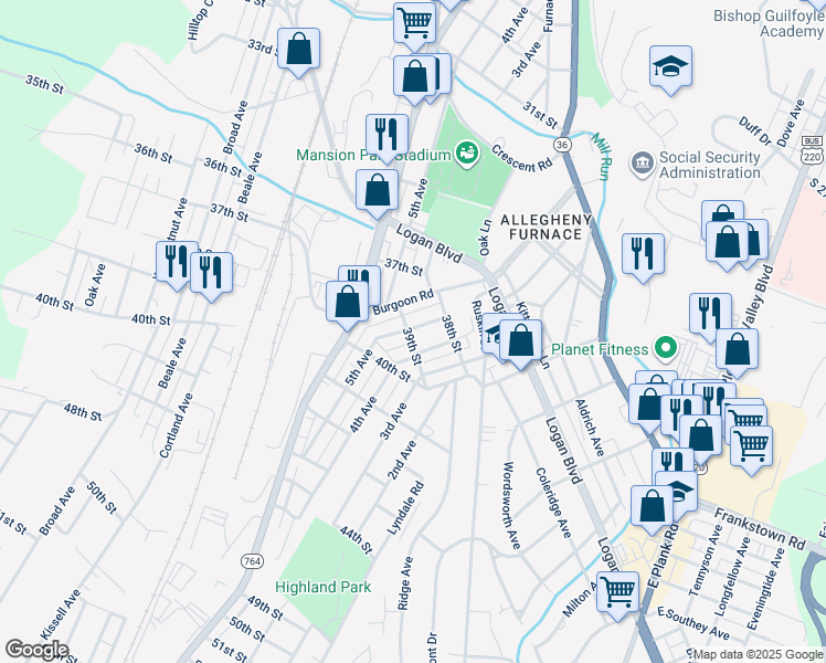 map of restaurants, bars, coffee shops, grocery stores, and more near 3901 5th Avenue in Altoona