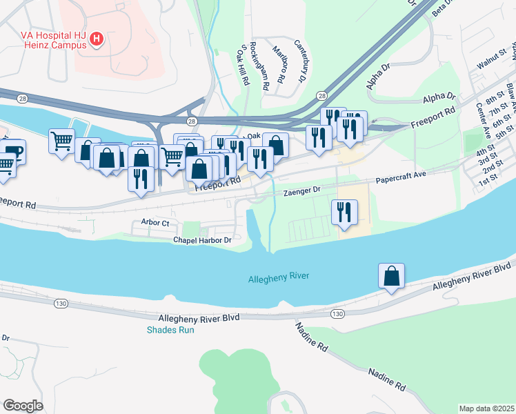 map of restaurants, bars, coffee shops, grocery stores, and more near 100 Vista Circle in Pittsburgh