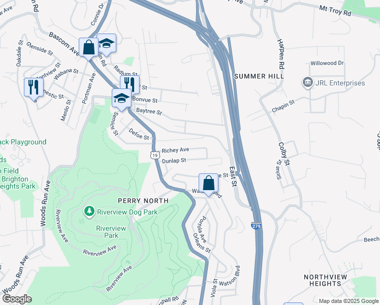 map of restaurants, bars, coffee shops, grocery stores, and more near 304 Dunlap Street in Pittsburgh