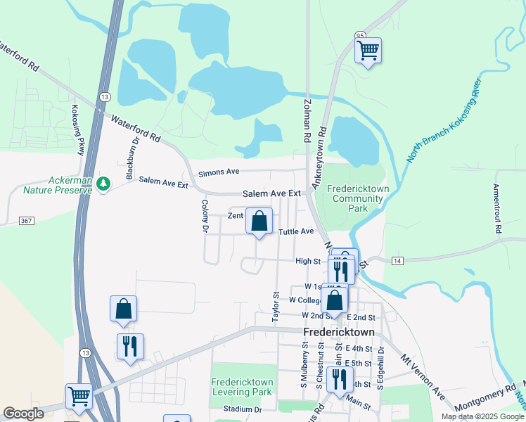 map of restaurants, bars, coffee shops, grocery stores, and more near 32 Zent Avenue in Fredericktown