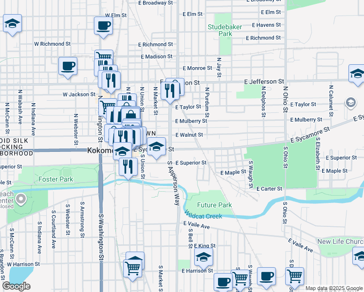 map of restaurants, bars, coffee shops, grocery stores, and more near 440 East Sycamore Street in Kokomo