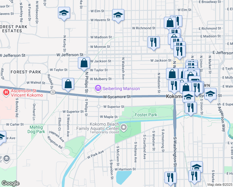 map of restaurants, bars, coffee shops, grocery stores, and more near 101-199 North McCann Street in Kokomo