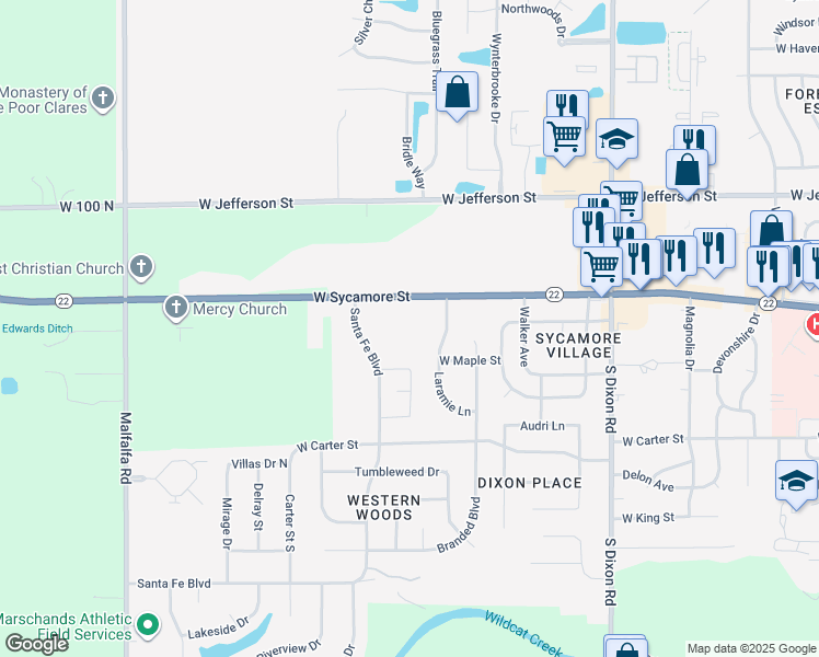 map of restaurants, bars, coffee shops, grocery stores, and more near 2905 West Sycamore Street in Kokomo