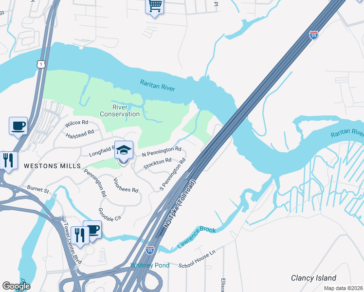 map of restaurants, bars, coffee shops, grocery stores, and more near 29 North Pennington Road in New Brunswick