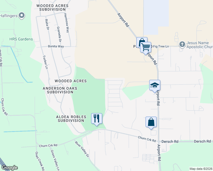 map of restaurants, bars, coffee shops, grocery stores, and more near 2 Out of Bounds Drive in Redding
