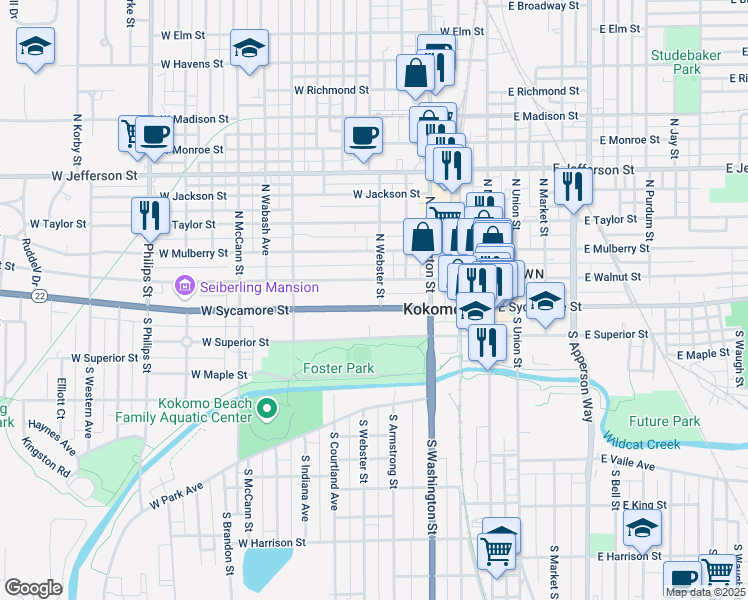 map of restaurants, bars, coffee shops, grocery stores, and more near 502 West Sycamore Street in Kokomo