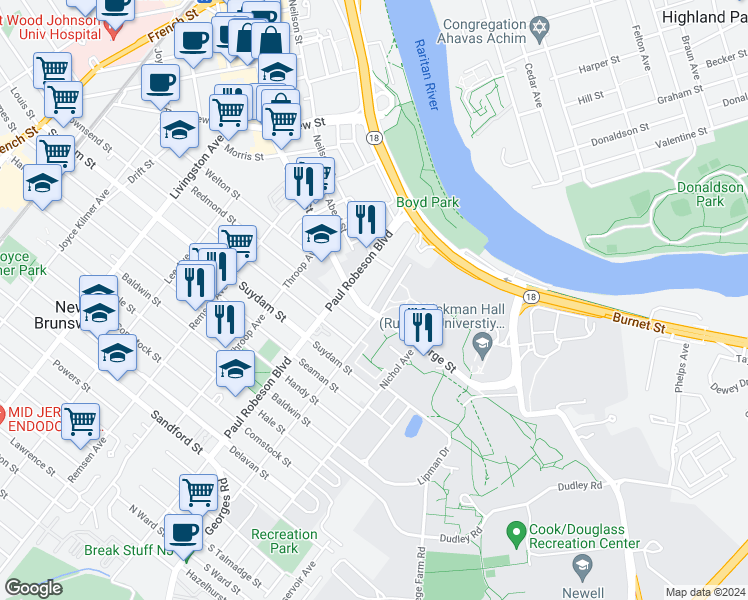 map of restaurants, bars, coffee shops, grocery stores, and more near 73 Bishop Street in New Brunswick