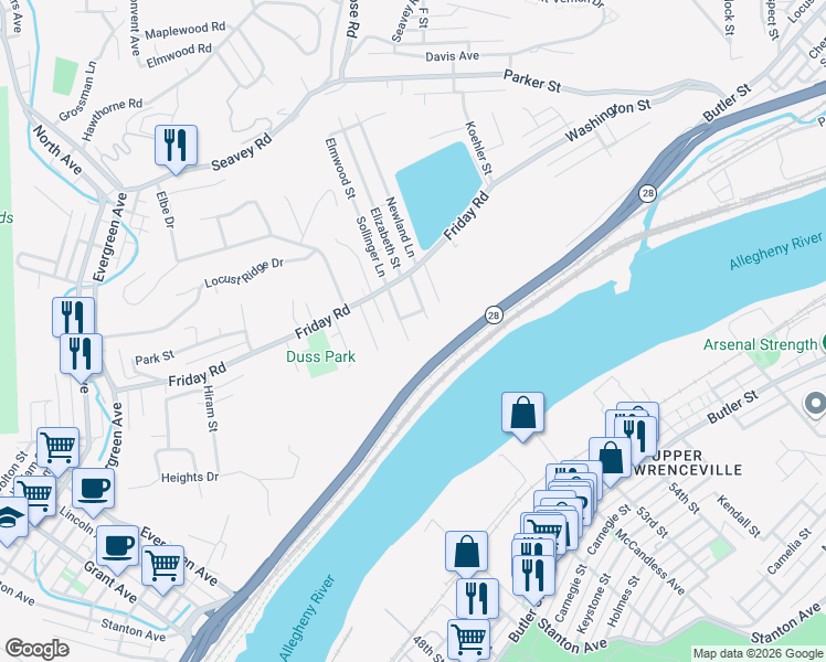 map of restaurants, bars, coffee shops, grocery stores, and more near 37 Perry Street in Millvale