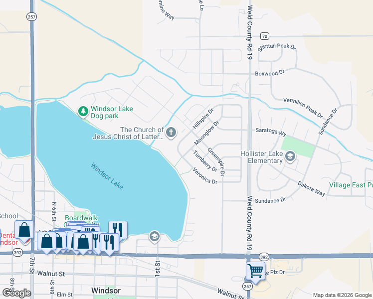 map of restaurants, bars, coffee shops, grocery stores, and more near 510 Moonglow Drive in Windsor