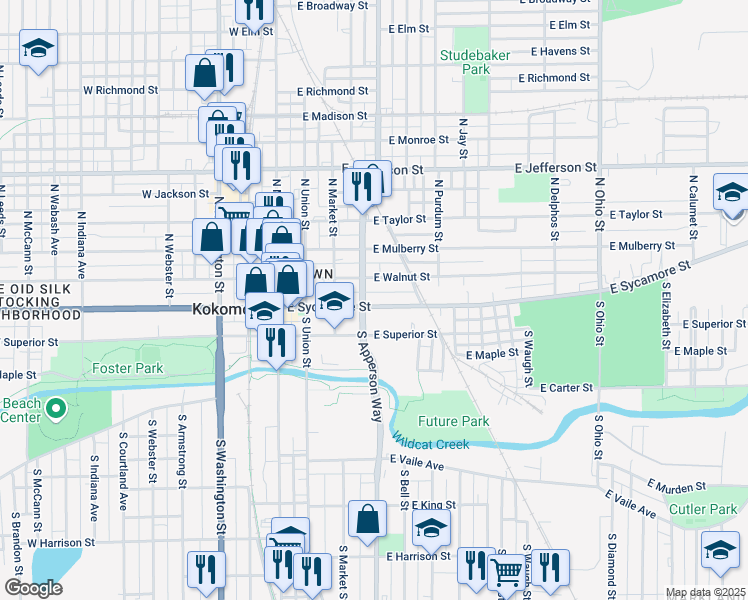 map of restaurants, bars, coffee shops, grocery stores, and more near 440 East Sycamore Street in Kokomo