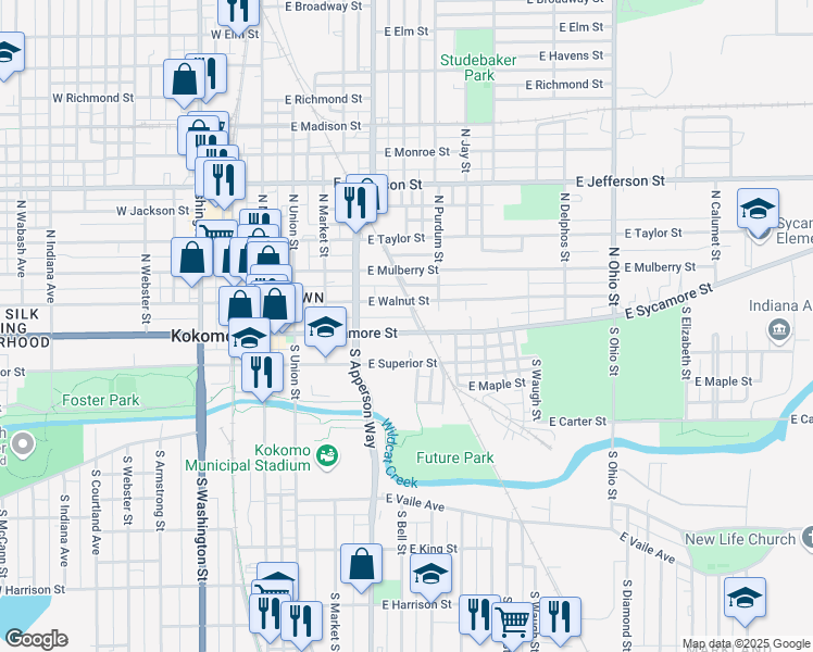 map of restaurants, bars, coffee shops, grocery stores, and more near 530 East Sycamore Street in Kokomo