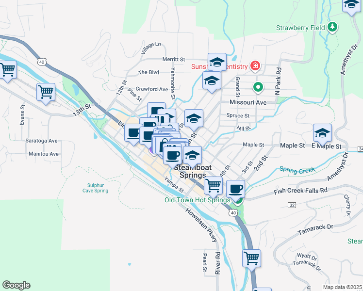 map of restaurants, bars, coffee shops, grocery stores, and more near 702 Oak Street in Steamboat Springs