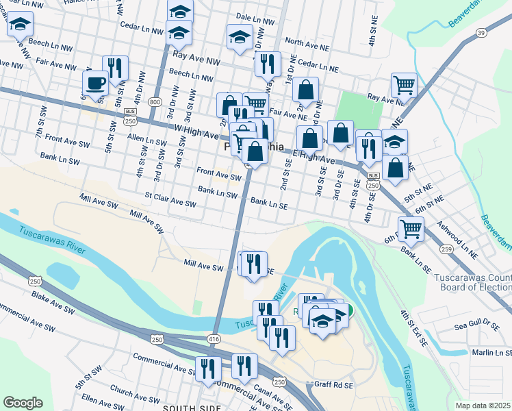 map of restaurants, bars, coffee shops, grocery stores, and more near 230 1st Drive Southeast in New Philadelphia
