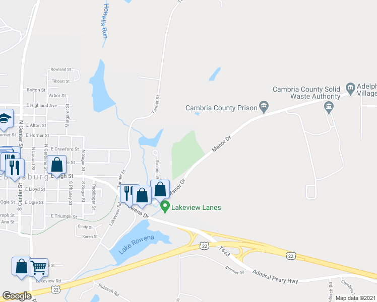 map of restaurants, bars, coffee shops, grocery stores, and more near 266 Manor Drive in Ebensburg