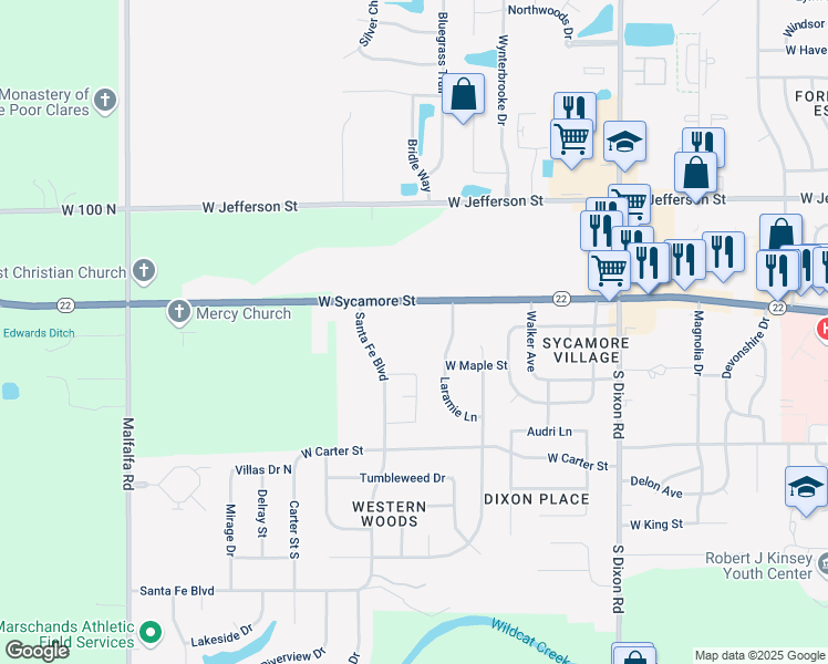 map of restaurants, bars, coffee shops, grocery stores, and more near 2905 West Sycamore Street in Kokomo