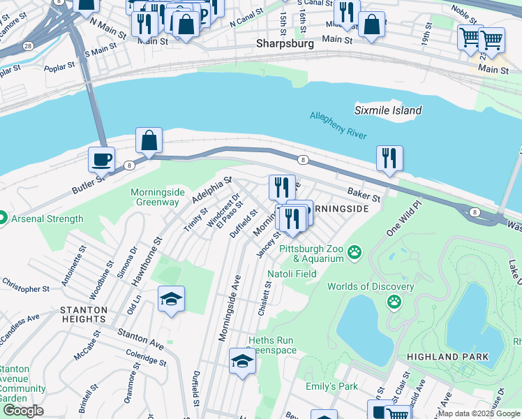 map of restaurants, bars, coffee shops, grocery stores, and more near 6722 Greenwood Street in Pittsburgh