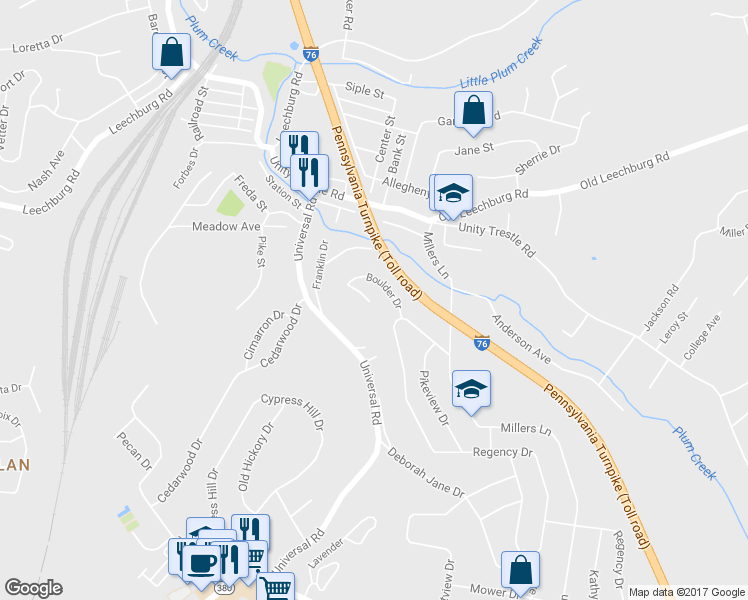 map of restaurants, bars, coffee shops, grocery stores, and more near 323 Boulder Drive in Plum