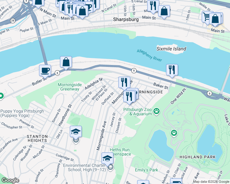 map of restaurants, bars, coffee shops, grocery stores, and more near in Pittsburgh