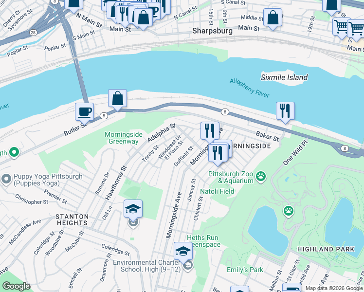 map of restaurants, bars, coffee shops, grocery stores, and more near 1723 Duffield Street in Pittsburgh