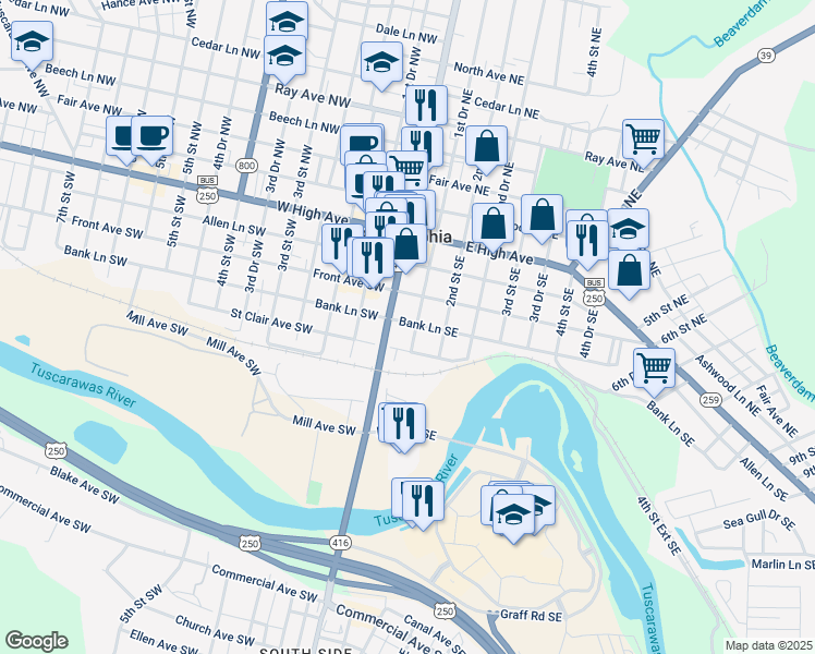 map of restaurants, bars, coffee shops, grocery stores, and more near 230 1st Drive Southeast in New Philadelphia