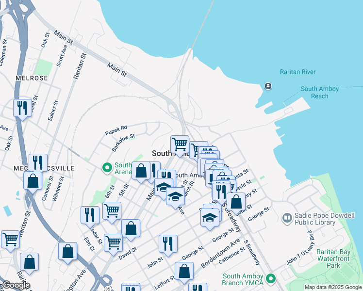 map of restaurants, bars, coffee shops, grocery stores, and more near 156 2nd Street in South Amboy