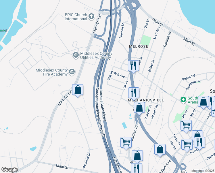 map of restaurants, bars, coffee shops, grocery stores, and more near 21 Frazee Avenue in South Amboy